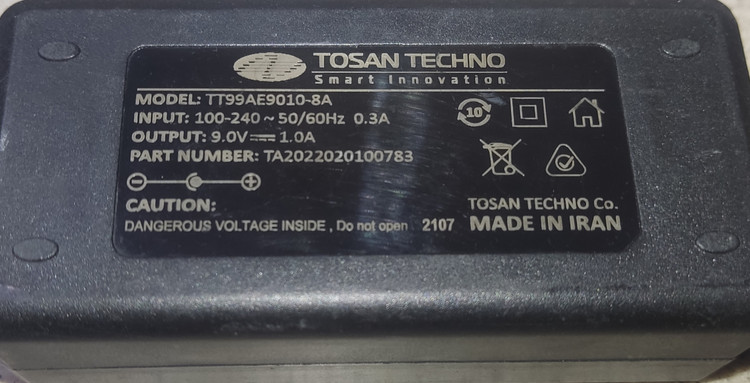 آداپتور TOSAN TECHNO TT99AE9010-8A منبع تغذیه ۹ ولت ۱ آمپر مخصوص مودم و تجهیزات مخابراتی استوک