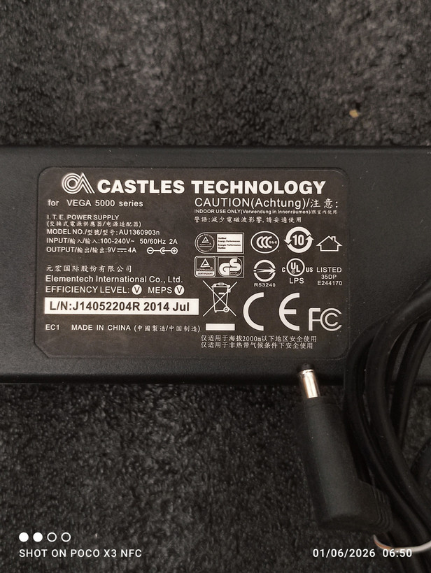 آداپتور استوک CASTLES TECHNOLOGY AU1360903N مخصوص دستگاه کارتخوان ۹ ولت ۴ آمپر، ۱۰۰ درصد سلامت، ۷ روز مهلت تست | فروشگاه آران پی سی